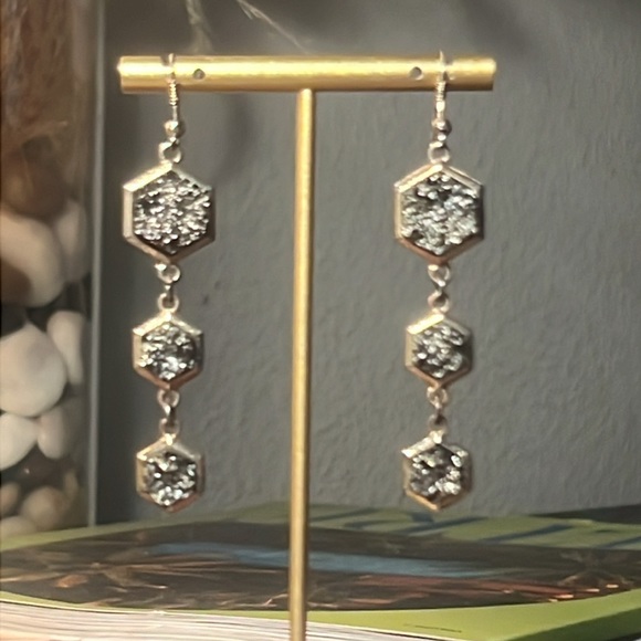 3 tier dangle earrings gold and black sparkle quartz rock octagon shaped 3” long - Picture 5 of 14